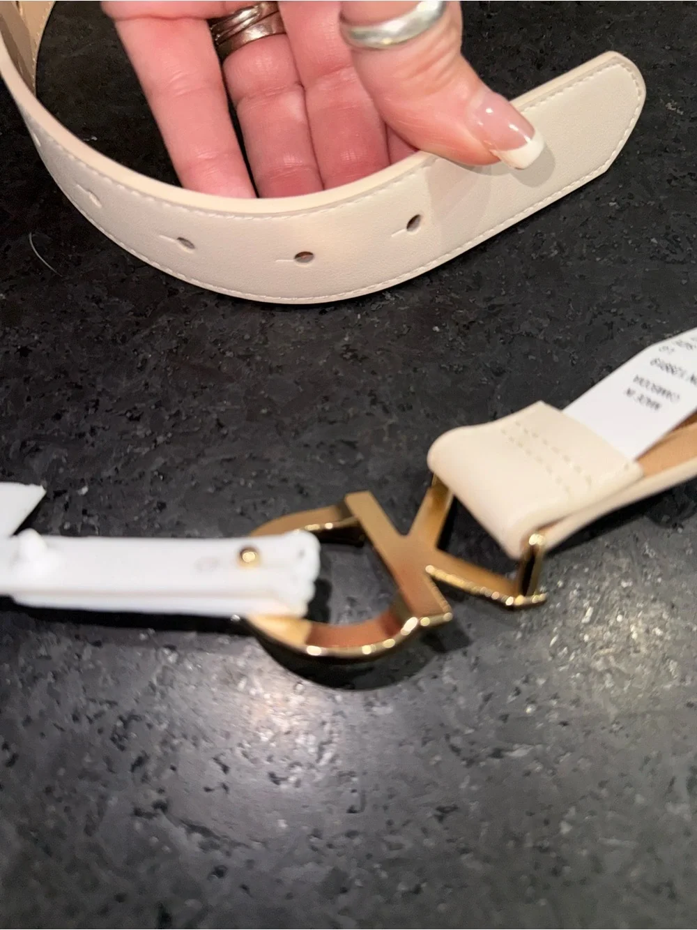 NEW Calvin Klein Cream BONE Leather Belt Gold HAMMERED CK Buckle SZ Med